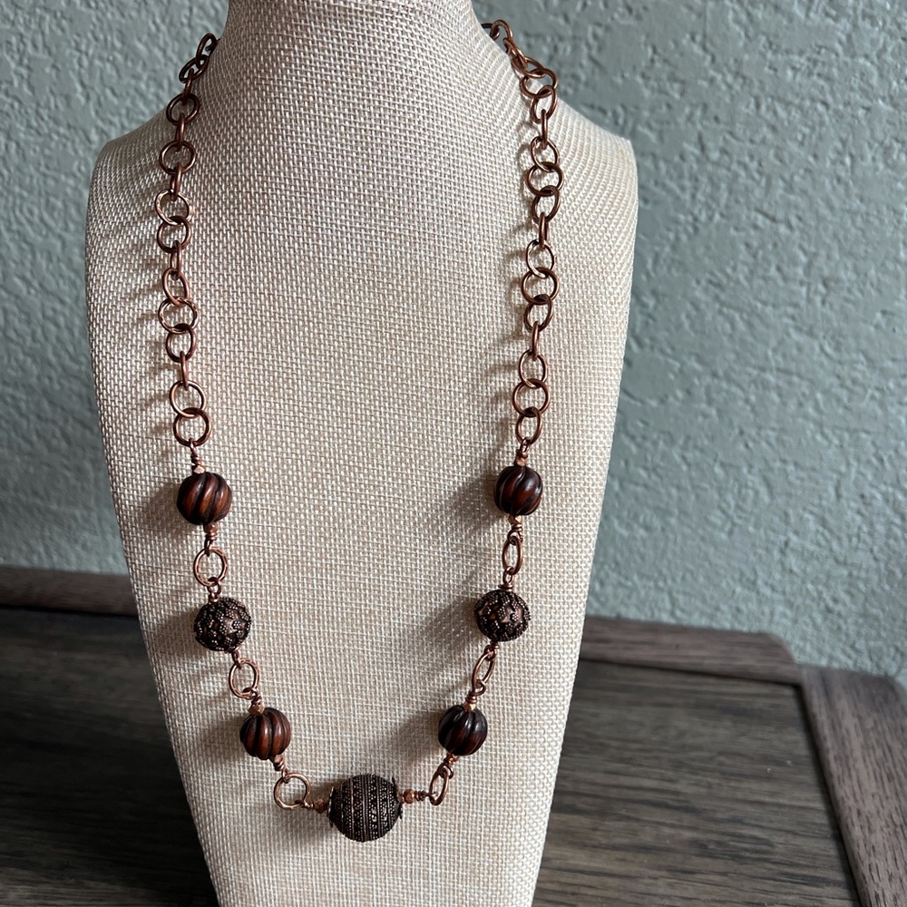 Brown Copper & Wood Beaded Necklace w/ Copper Chain by Katherine Moffat